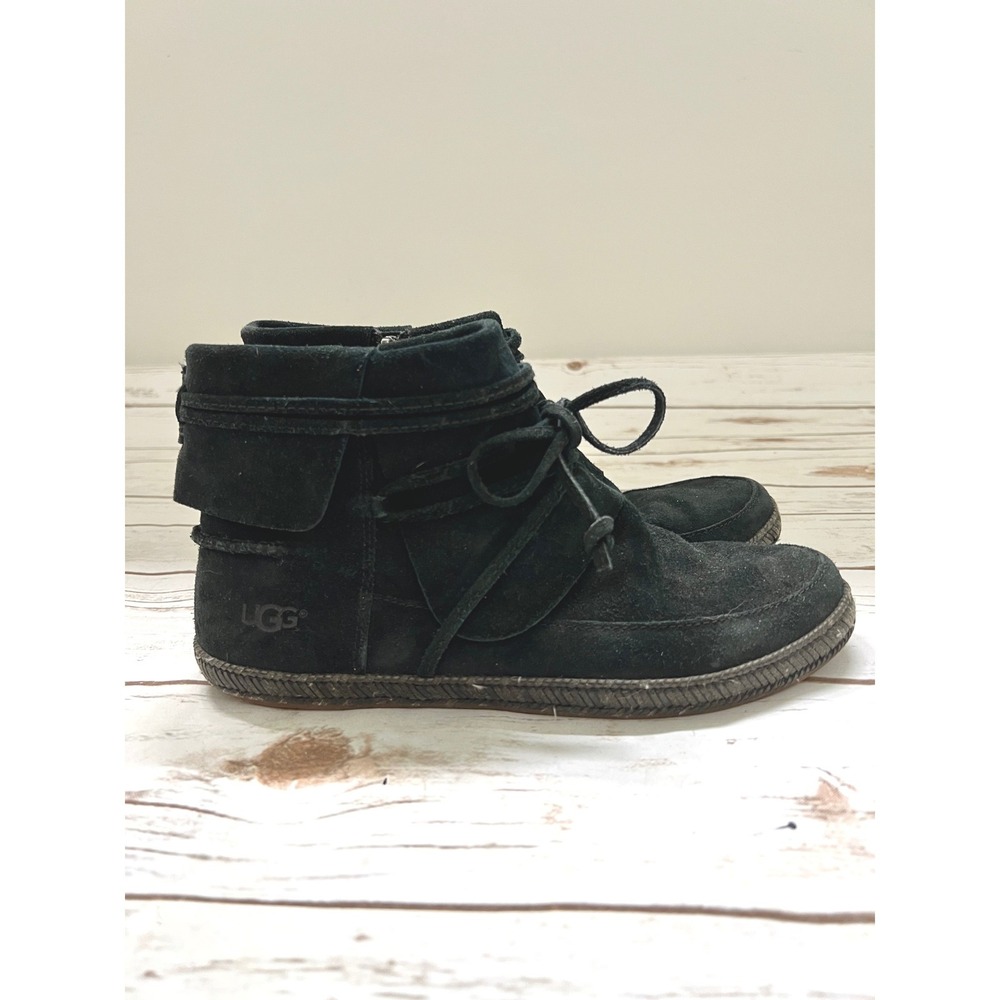 UGG Boot Black Suede Lace Up Side Zip Moccasin 1019120 Size 8.5
